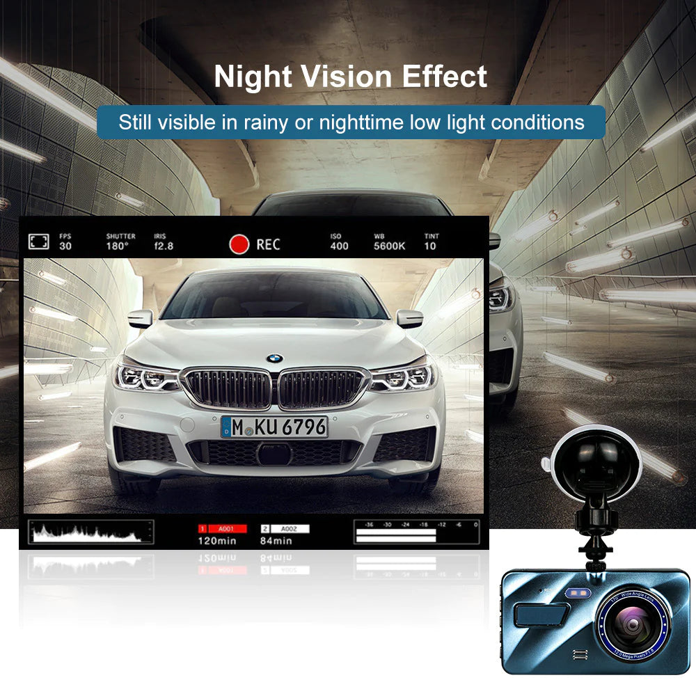 Touch Screen Dash Cam 4" 1080P Dual Lens Car DVR Recorder Front and Rear Camera