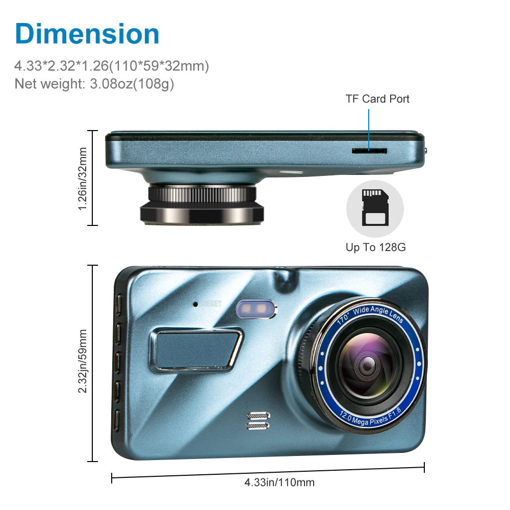 Touch Screen Dash Cam 4" 1080P Dual Lens Car DVR Recorder Front and Rear Camera