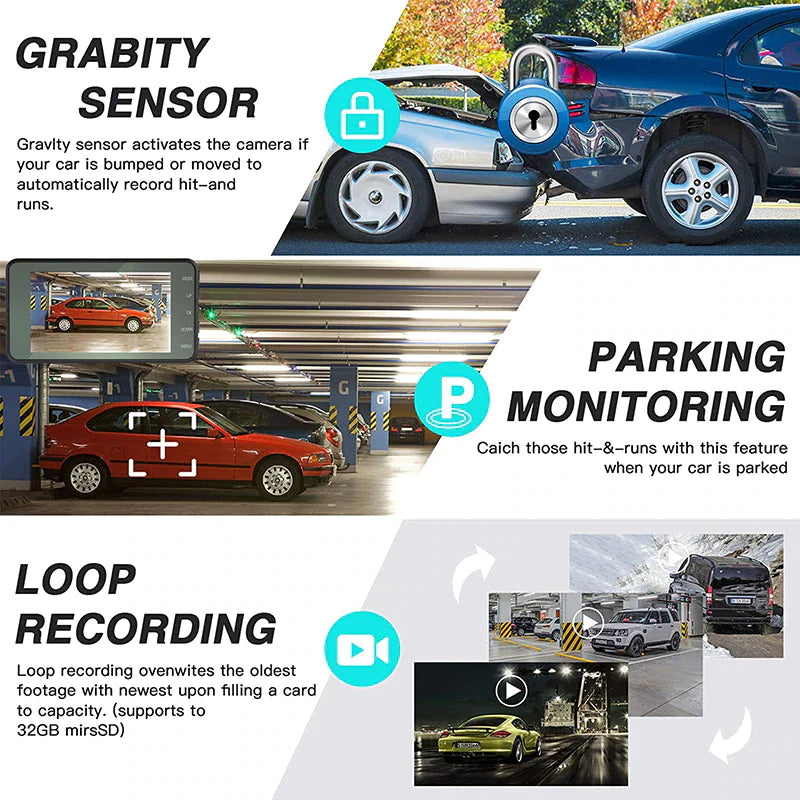 Touch Screen Dash Cam 4" 1080P Dual Lens Car DVR Recorder Front and Rear Camera