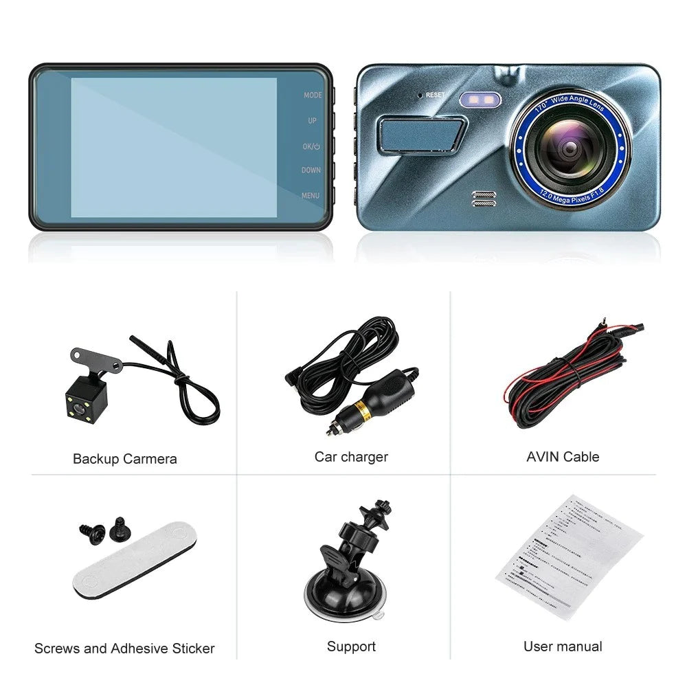Touch Screen Dash Cam 4" 1080P Dual Lens Car DVR Recorder Front and Rear Camera