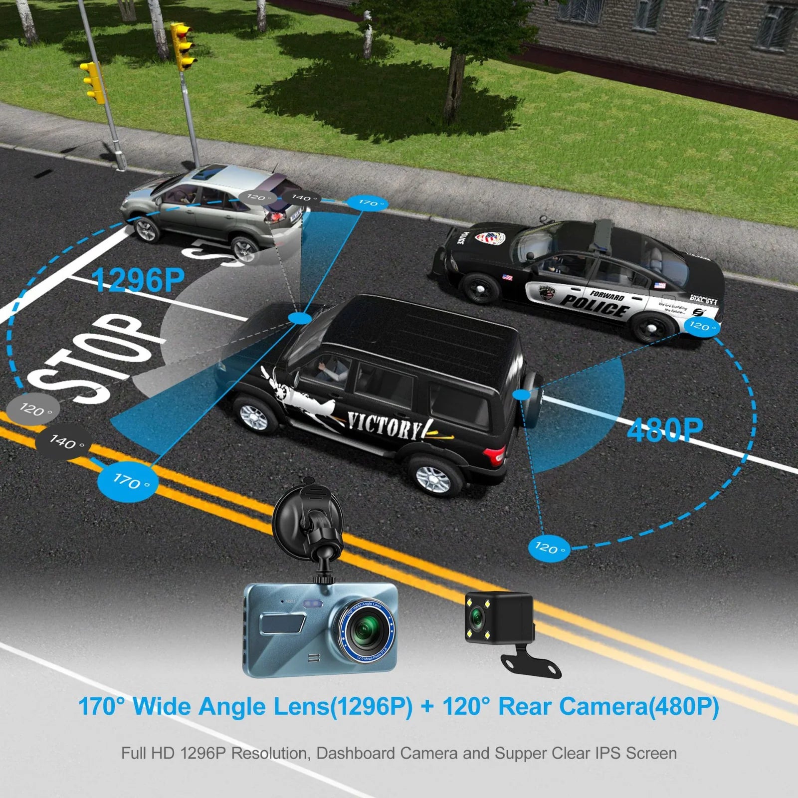 Touch Screen Dash Cam 4" 1080P Dual Lens Car DVR Recorder Front and Rear Camera
