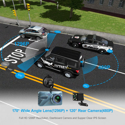 Touch Screen Dash Cam 4" 1080P Dual Lens Car DVR Recorder Front and Rear Camera