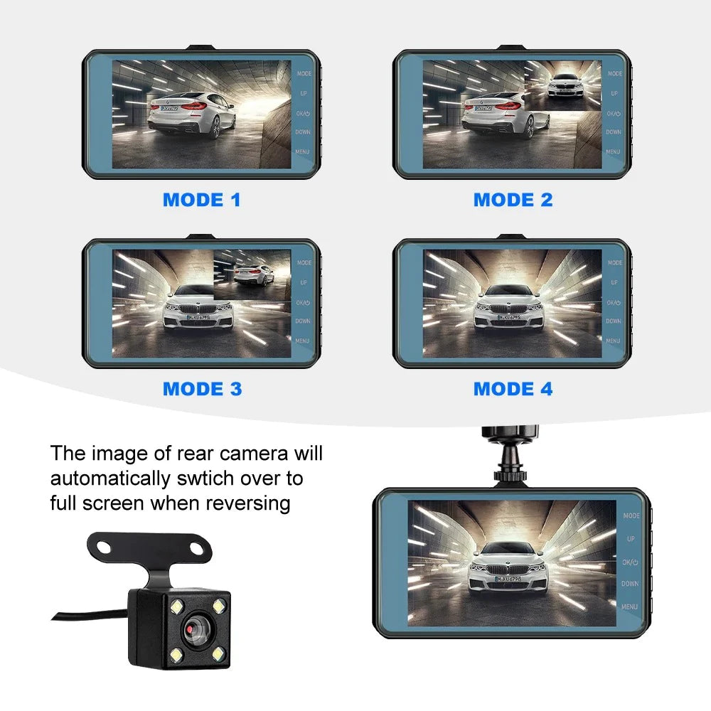 Touch Screen Dash Cam 4" 1080P Dual Lens Car DVR Recorder Front and Rear Camera