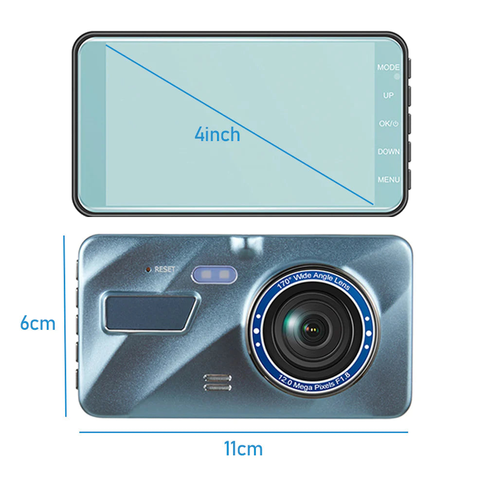 Touch Screen Dash Cam 4" 1080P Dual Lens Car DVR Recorder Front and Rear Camera