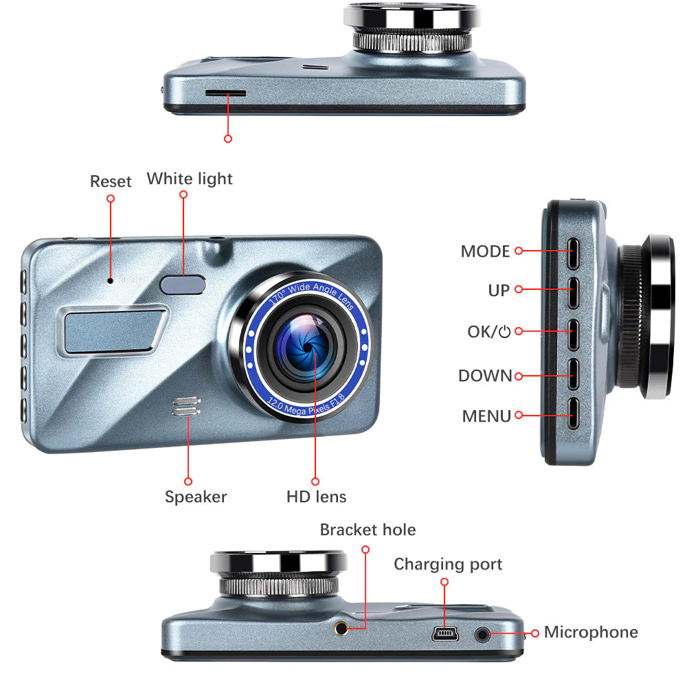Touch Screen Dash Cam 4" 1080P Dual Lens Car DVR Recorder Front and Rear Camera