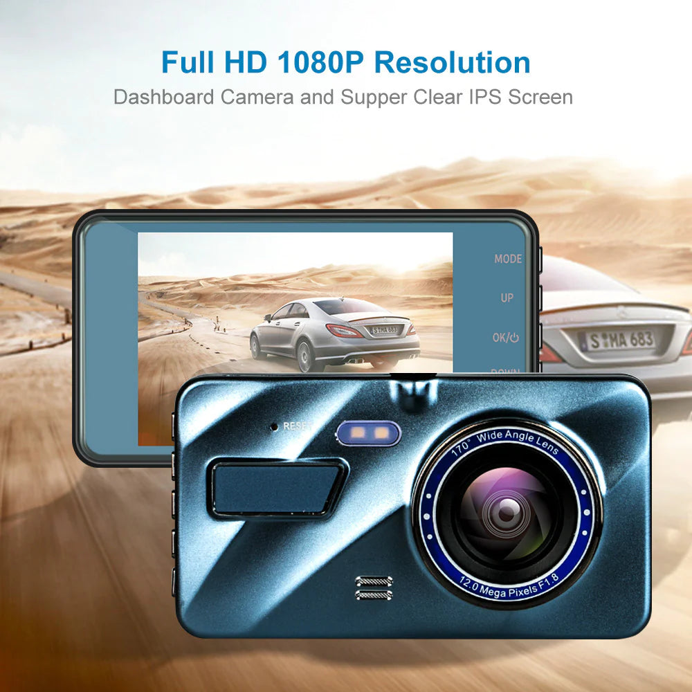 Touch Screen Dash Cam 4" 1080P Dual Lens Car DVR Recorder Front and Rear Camera