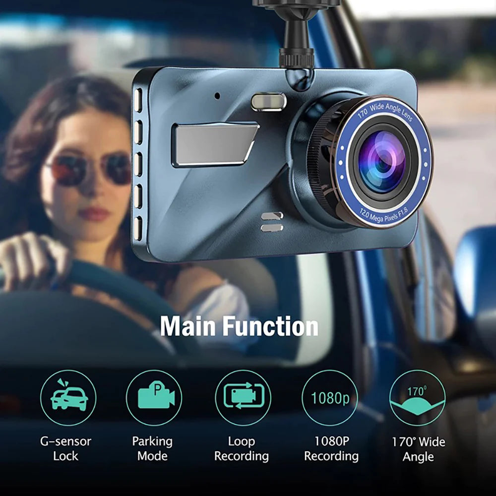 Touch Screen Dash Cam 4" 1080P Dual Lens Car DVR Recorder Front and Rear Camera