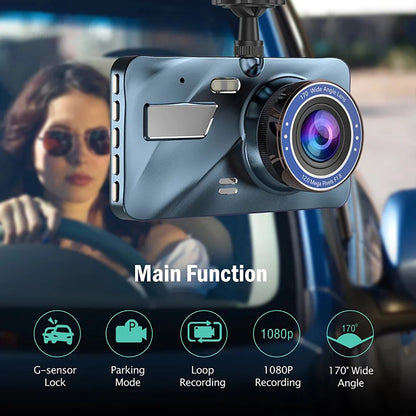 Touch Screen Dash Cam 4" 1080P Dual Lens Car DVR Recorder Front and Rear Camera